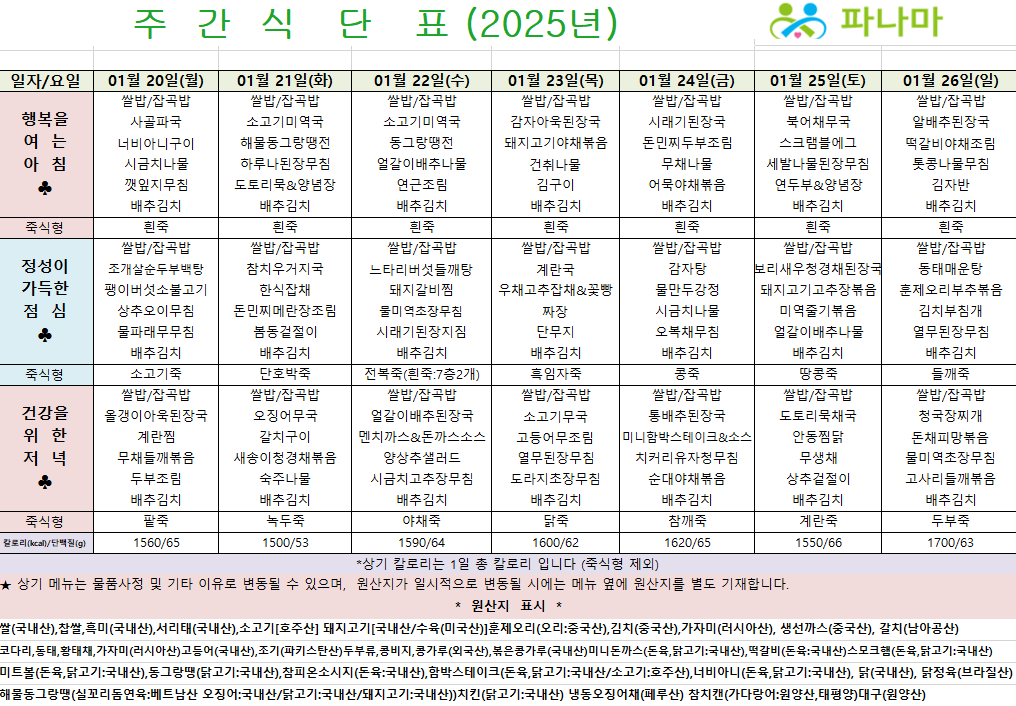 파나마실버케어 1월 넷째주 식단표