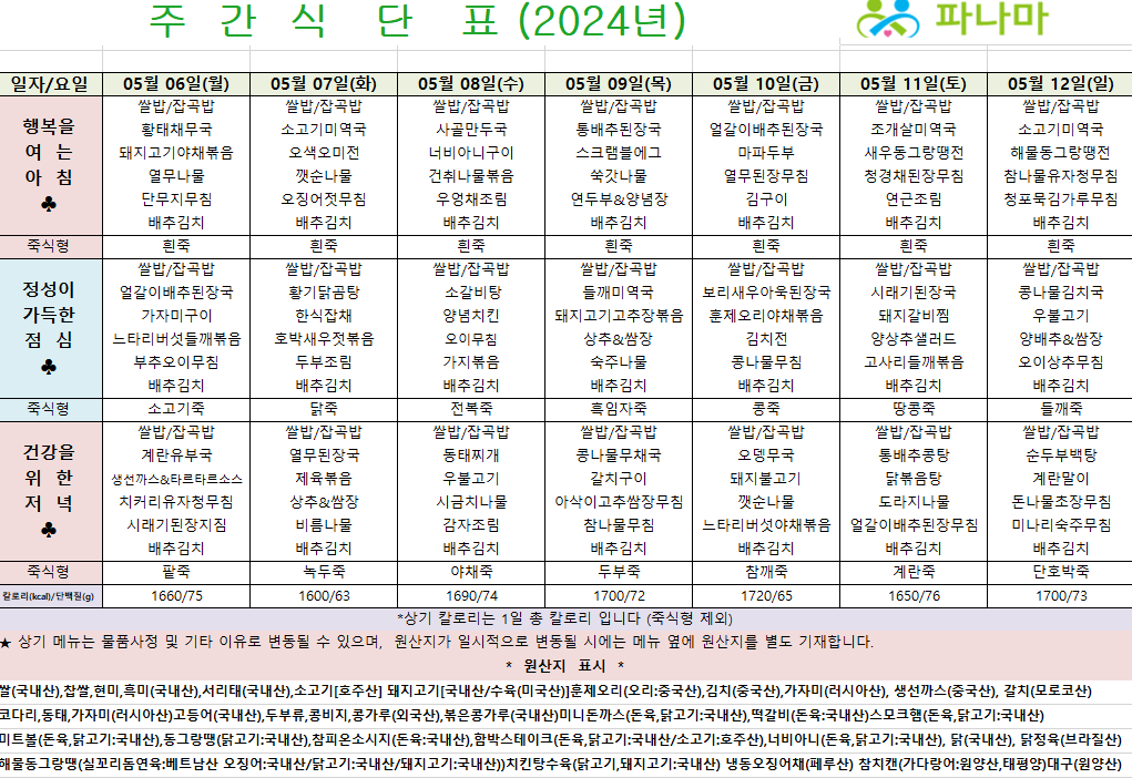 파나마실버케어 5월 식단표