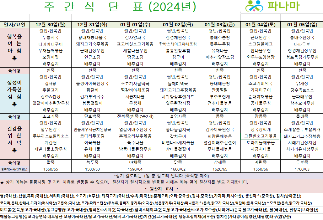 파나마실버케어 1월 첫째주 식단표