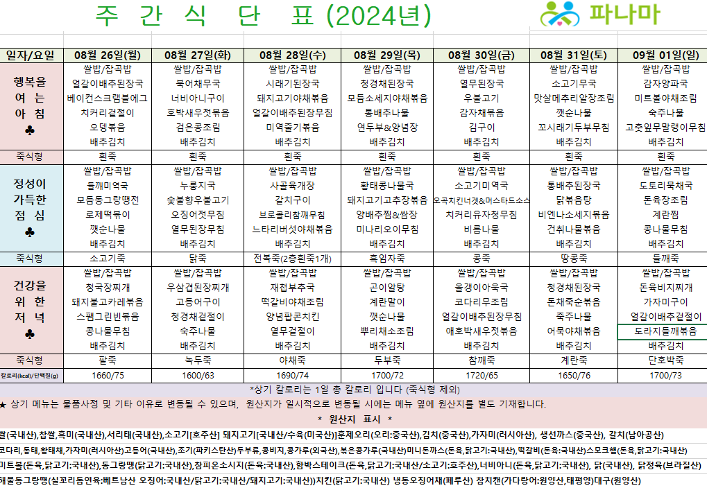 파나마실버케어 8월 마지막 식단표