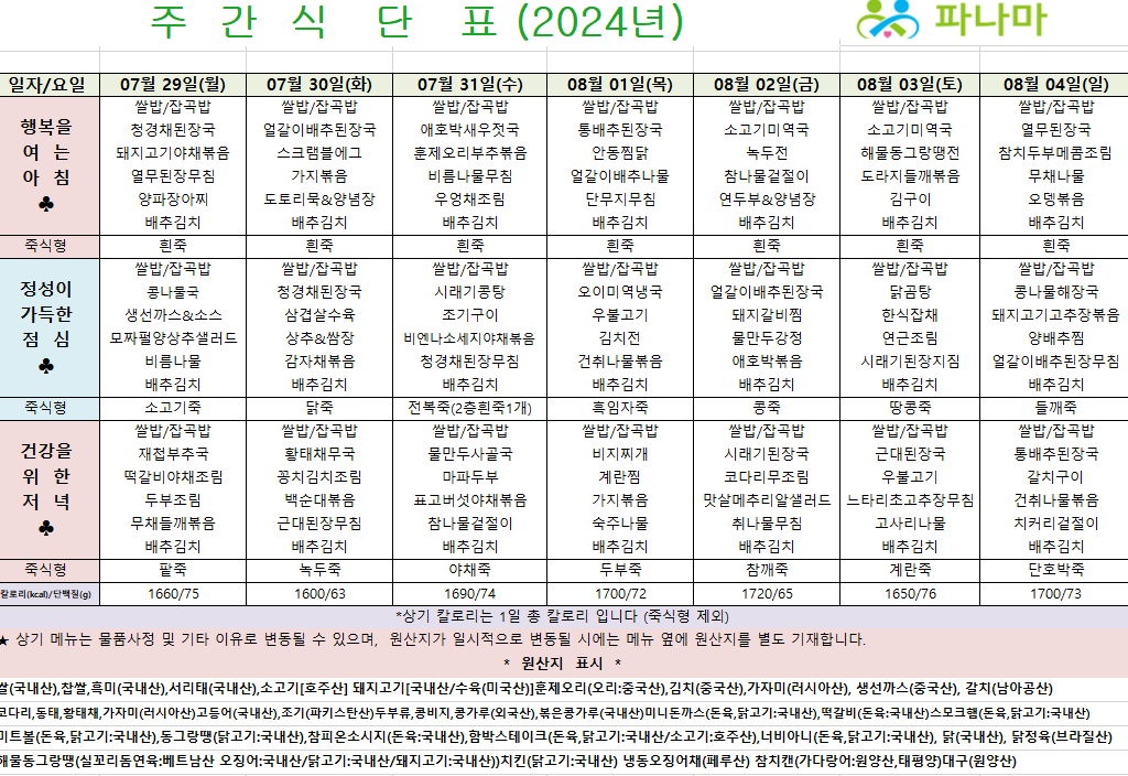 파나마실버케어 7월 마지막 식단표