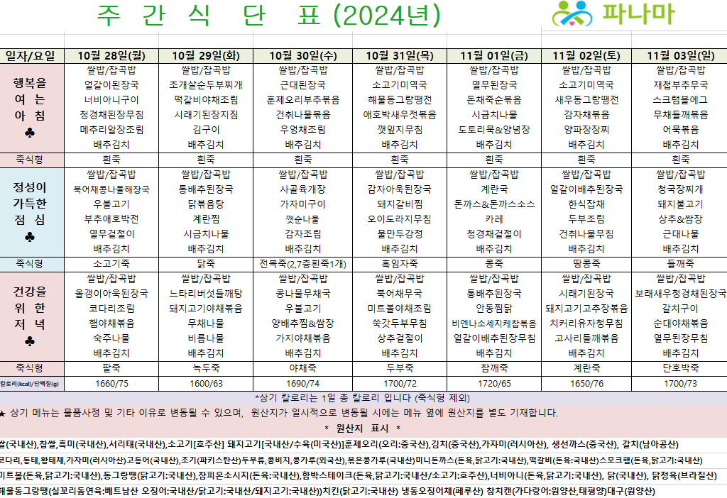 파나마실버케어 10월 다섯째주 식단표